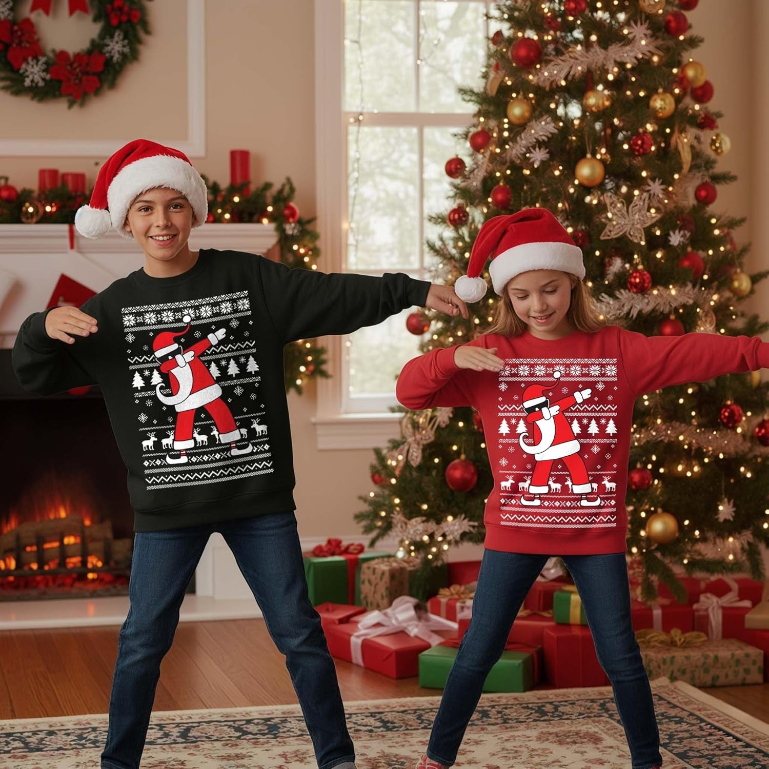 Dabbing Santa Kids Christmas Sweatshirt - Funny Ugly Holiday Sweater Style Pullover for Boys & Youth
